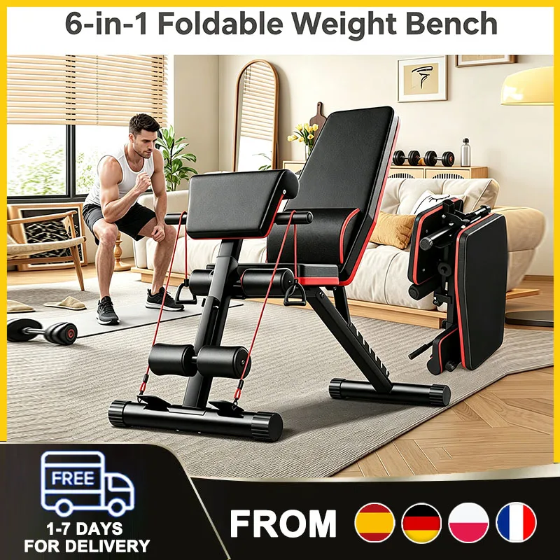 6-in-1 Multifunktionale Hantelbank, Bauchmuskelbrett, 7-Gang verstellbar, klappbar, Heim-Fitnessgerät, Ganzkörper-Muskeltraining