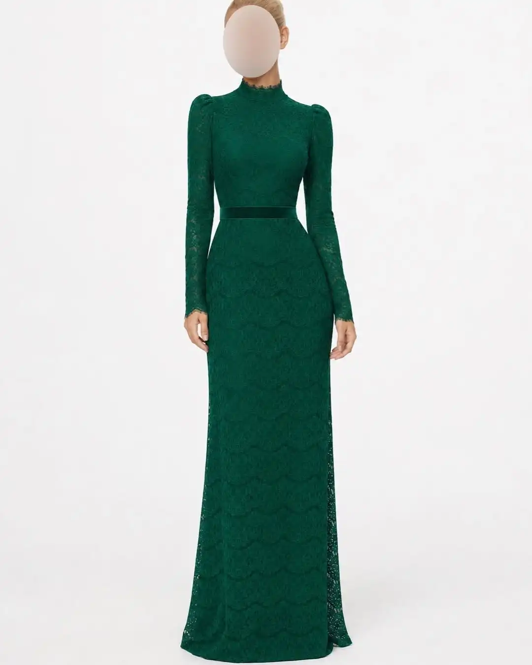 Elegant Emerald Green Lace Maxi Dress with High Neck & Velvet Belt for Evening Party