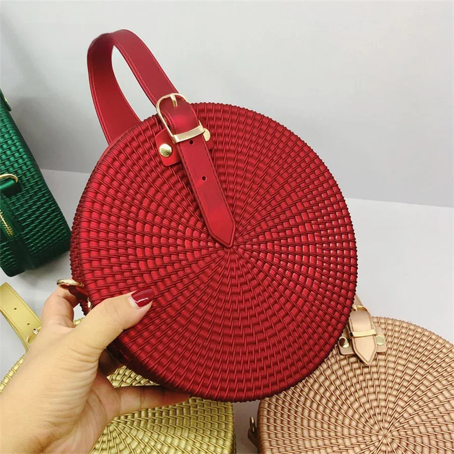 Vintage Fashion Frosted Round Women Shoulder Bags Ladies Zipper Circular Jelly Handmade Custom Weave Handbag Bolso Mujer — zdjęcie 2