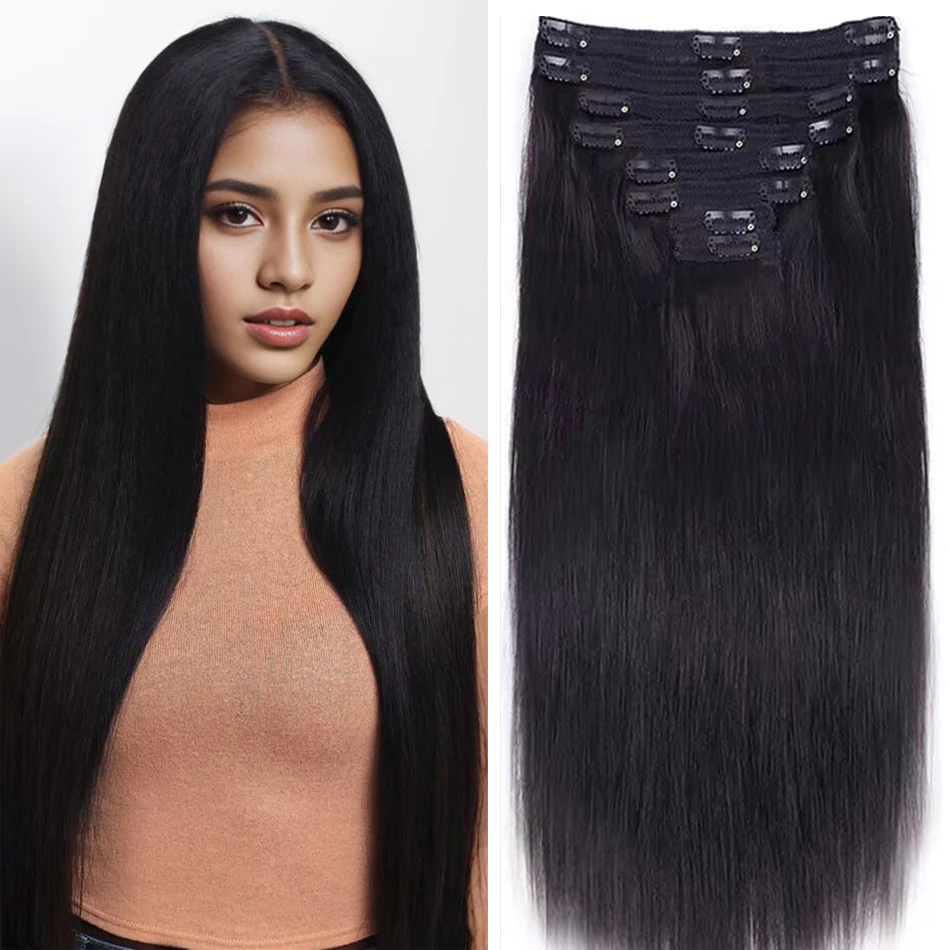 Clipe reto na extensão do cabelo para mulheres, extensão brasileira de cabeça cheia, cabelo humano, 120g por conjunto