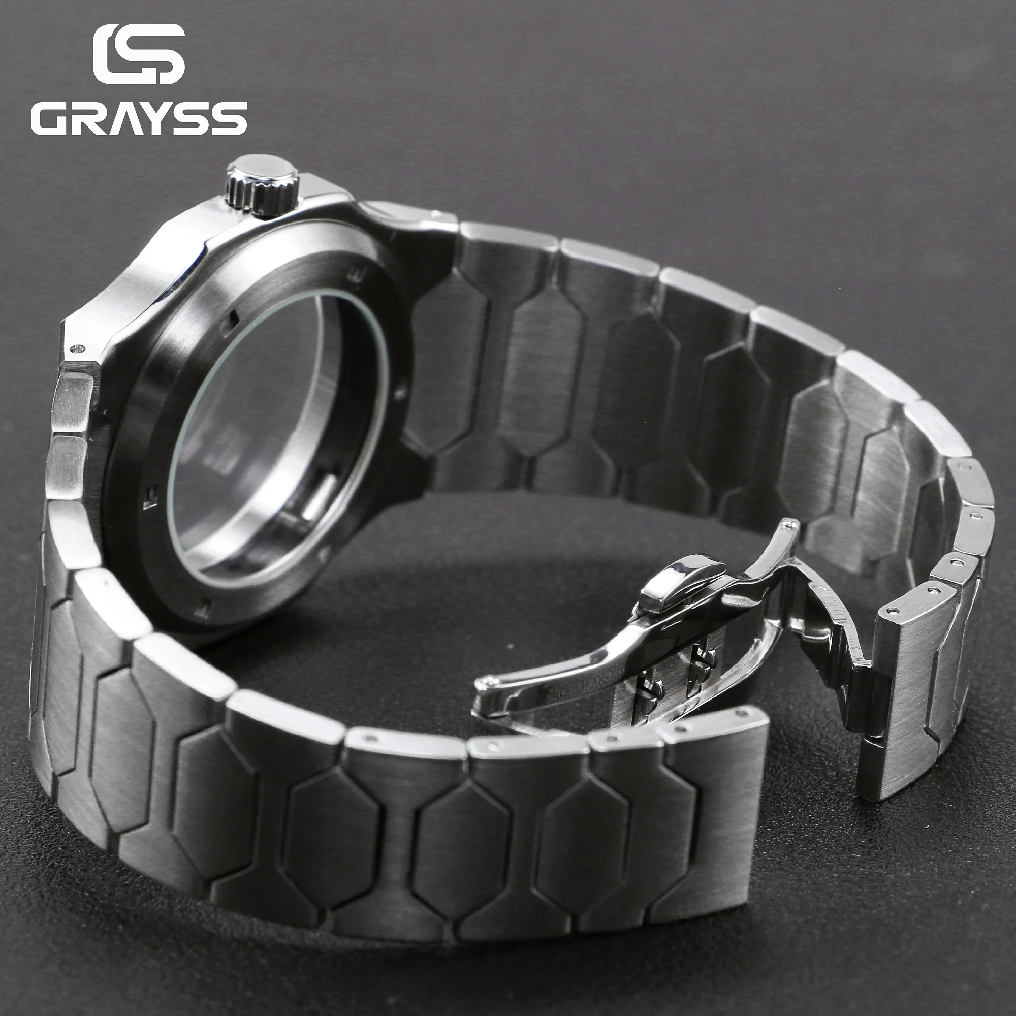 Grayss 40 mm Edelstahl-Uhrengehäuse, konkav polierte Lünette, integriertes geometrisches Armband für SKX NH35 NH36 Sapphire 20atm WatchMod – Detail 7