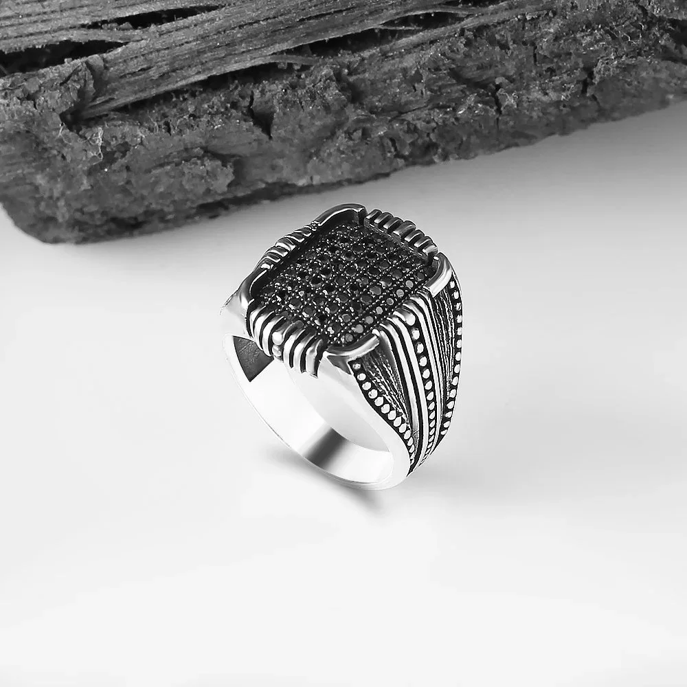 Real 925 Sterling Silver Ring For Men Black Natural Onyx Zircon Stone Jewelry Fashion Vintage Gift Aqeeq Male Accessory All Size