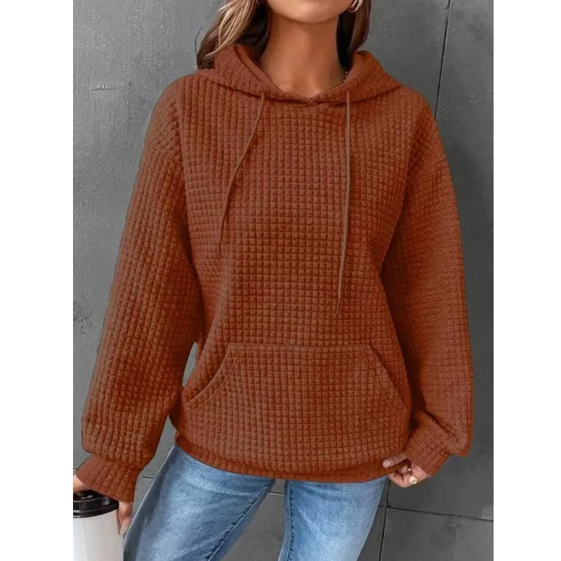 Women's Winter Thick Waffle Knit Solid Color Round Neck Pocket Sweatshirt Hip Length Crinkled Hoodie Women's Hoodies And