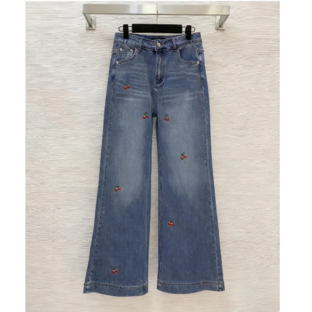 

Winter 2025 New Simple Fashion Wash Denim Cotton Hot Diamond Cherry Embroidery Loose Straight Leg Jeans