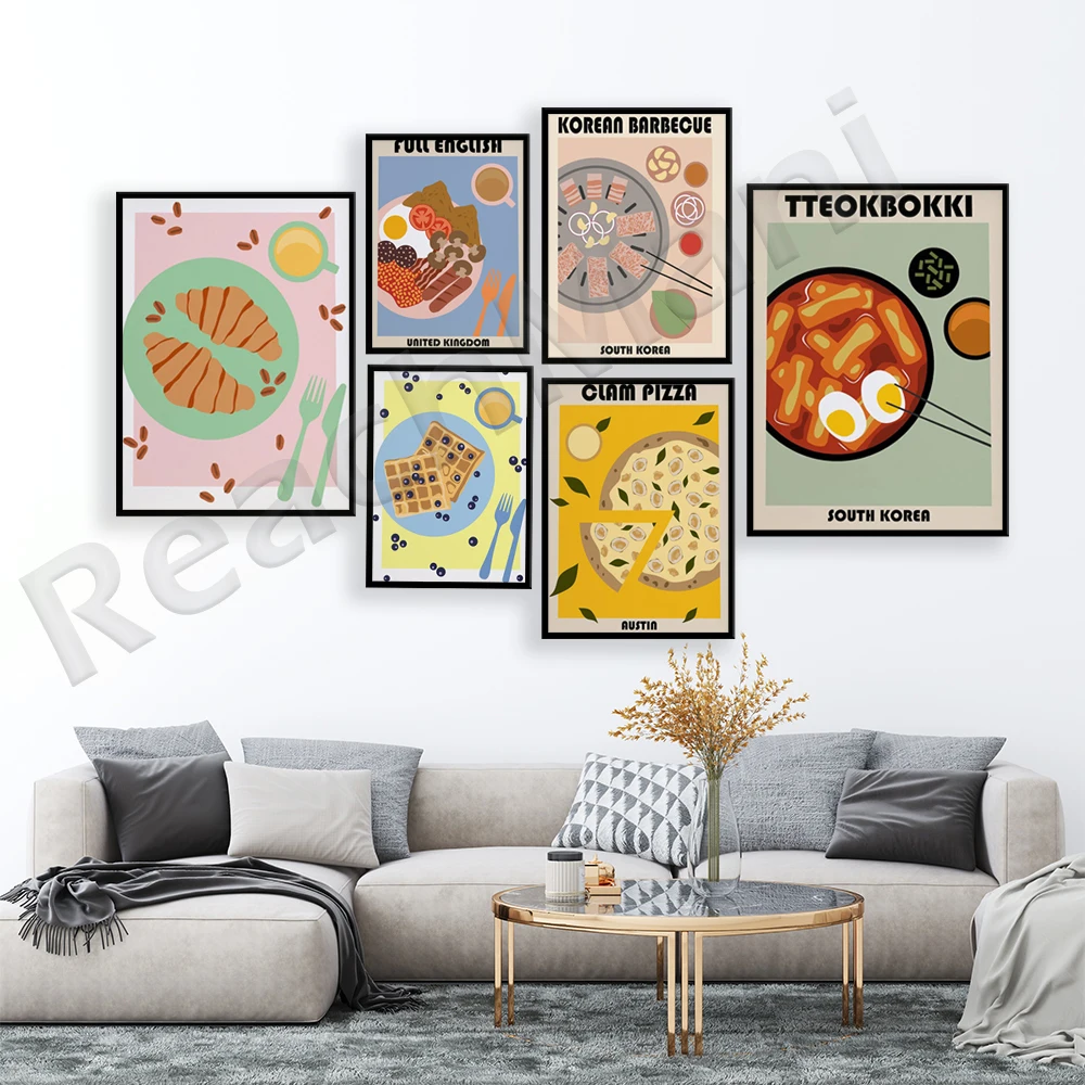 English breakfast, pepperoni pizza, pizza, croissant, waffle, Korean BBQ, modern kitchen wall decor poster, food illustration,