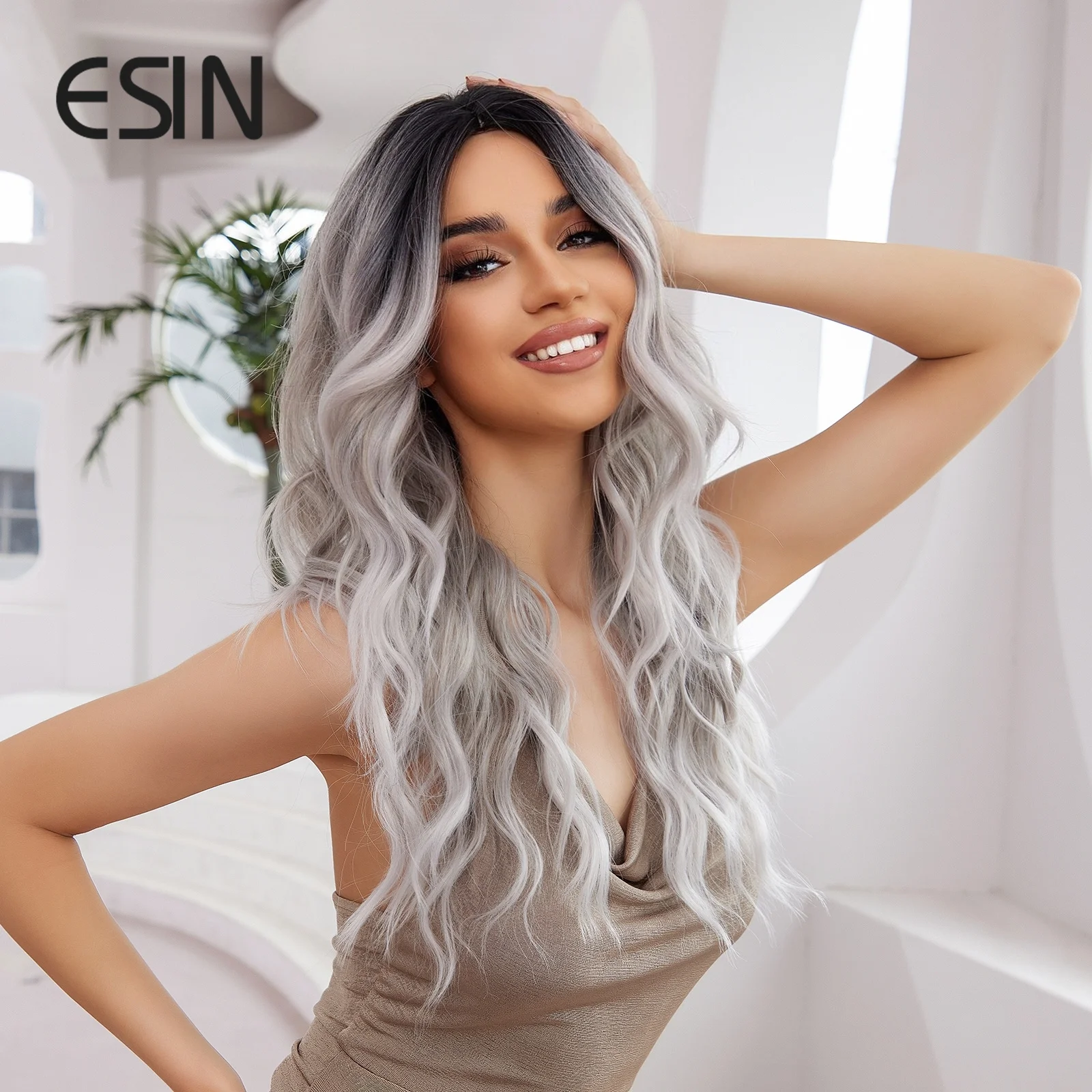 ESIN Synthetic Hair Long Water Wave Ombre Dark Root to Grey Color Middle Part Wigs for Women Natural Party Heat Resistant