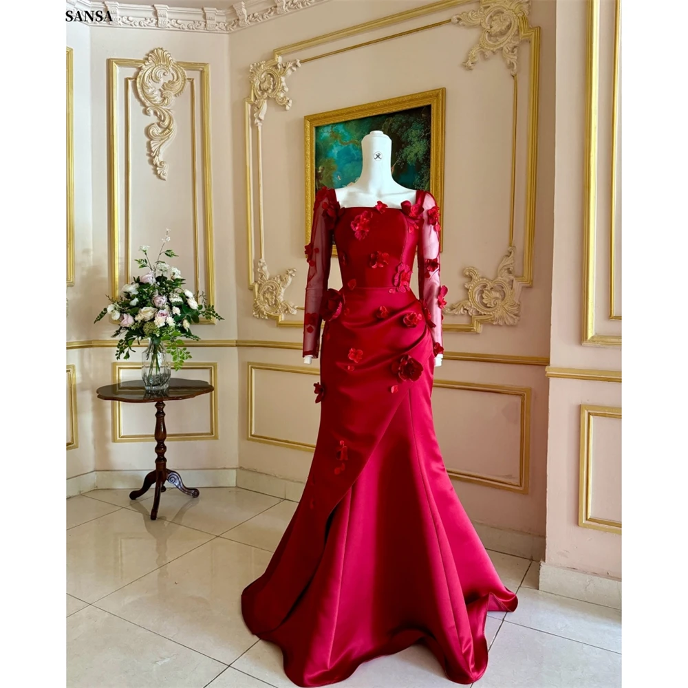 فستان Sansa مخصص باللون الأحمر ثلاثي الأبعاد بأكمام طويلة للحفلات الراقصة وياقة مربعة من Vestidos De Noche بطول الأرض للسهرات الرسمية 2025