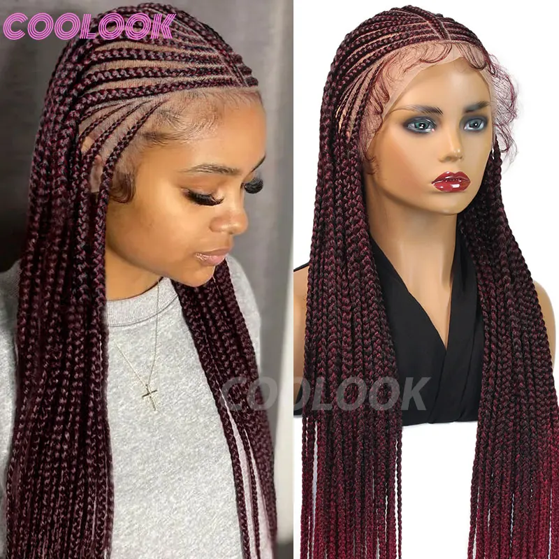 

Плетеный парик Cornrow Box 32 дюйма Синтетические полные парики фронта шнурка Племенные косы для африканских женщин Парик Jumbo Braids Faux Locs Braid Wigs