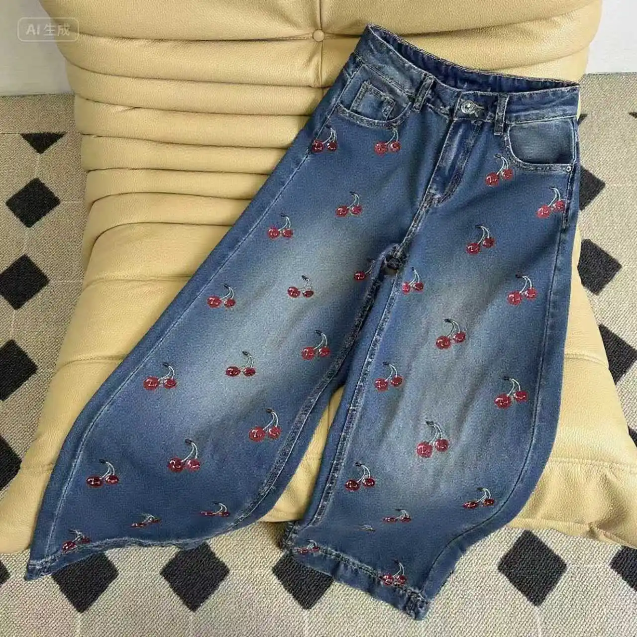 

Джинсы Super Hot Series Heavy Industry с жаккардовой вишней и вышивкой Hot Diamond, прямая версия с высокой талией