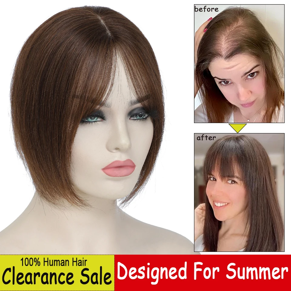 Dazzeal Topper Hair Clips Brown Straight Silk Base For Hair Topper 100% Real Human Hair Toppers With Bangs For Women Thin Hairs