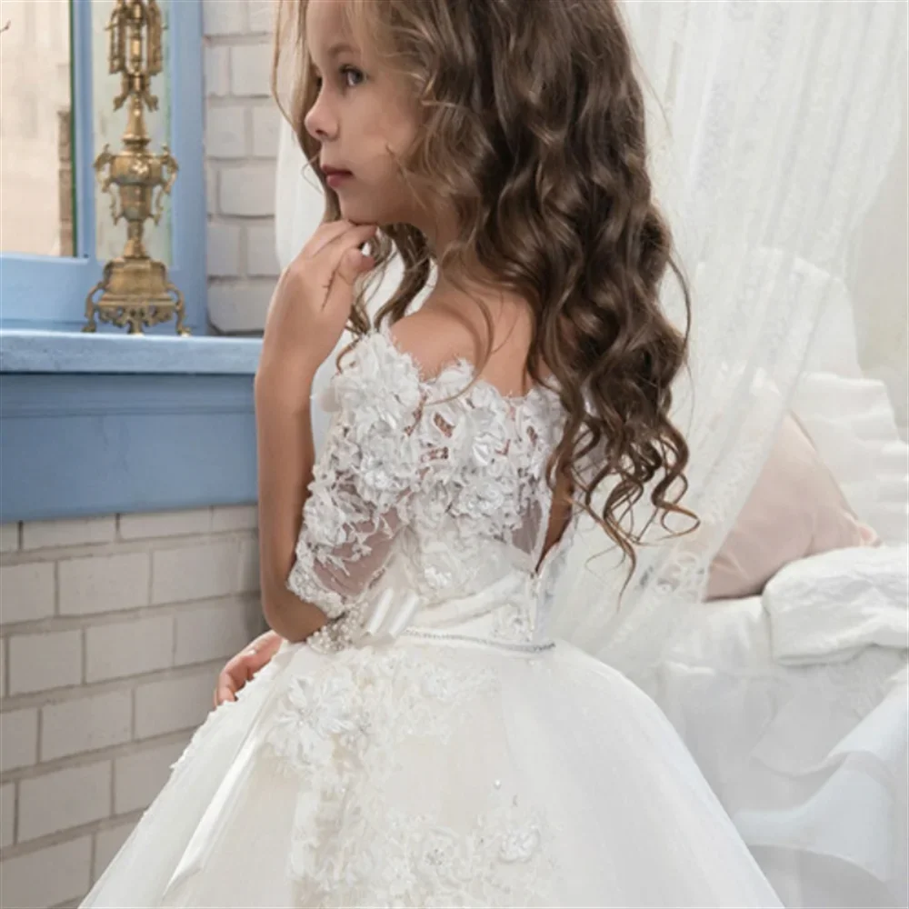 Nieuwe Eerste Communie Jurken Met Halve Mouwen Kant Bedrukte Prinsessenjurk Witte Engel Bloem Meisje Bruidsmeisje Droom Kids Cadeau - afbeelding 2