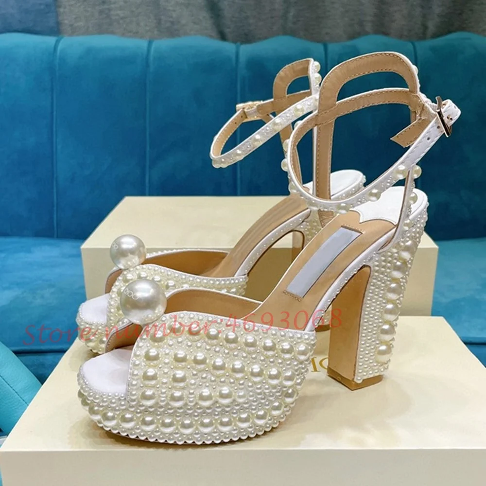 Pearl Platform Wedding Heels Sandals Women Peep Toe White Bride Sandals Block Heels Luxury Party Elegant Summer Evening Sandals