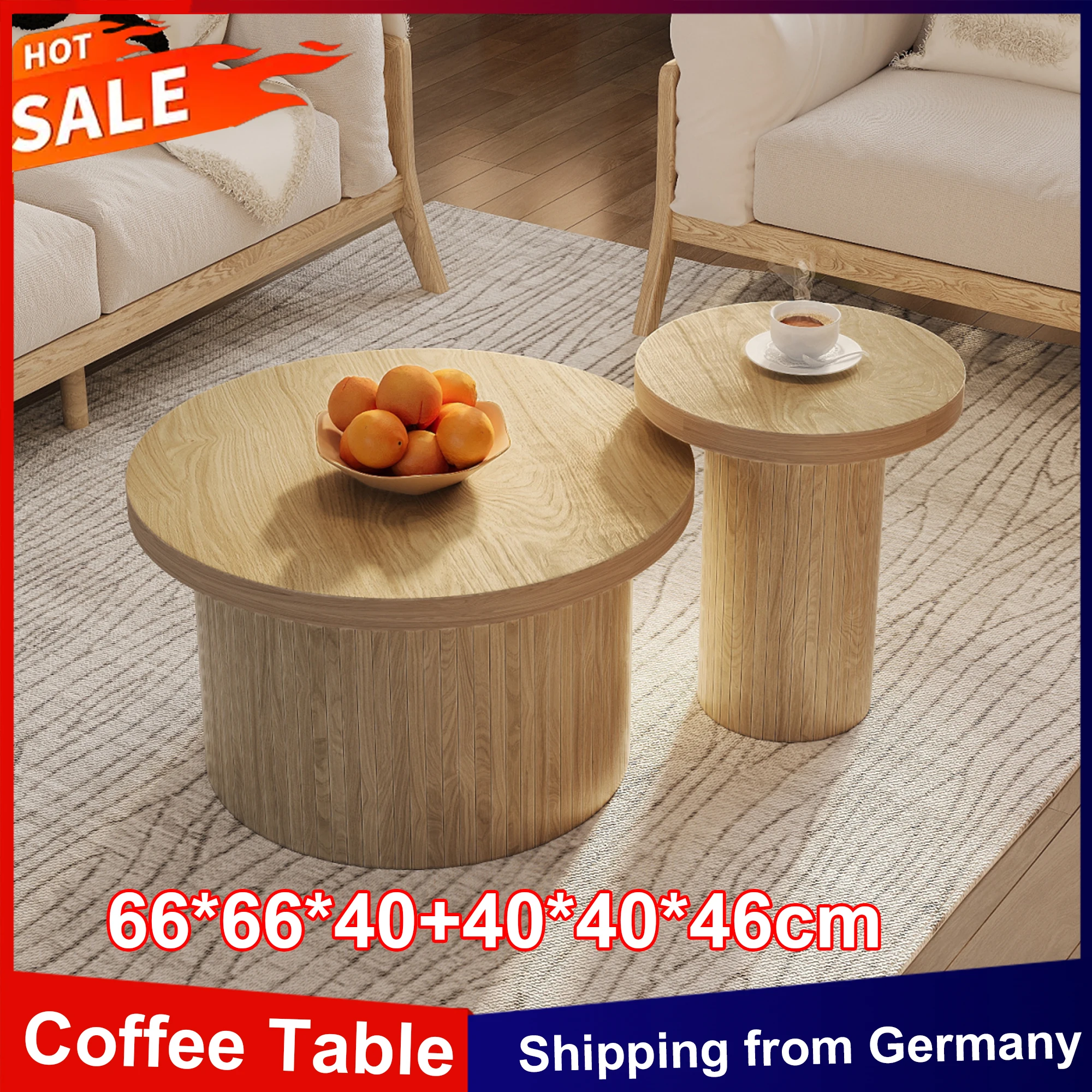 Anajqaqia Lot de 2 tables basses 66*66*40+40*40*46 cm, table ronde double, table d'appoint, table de salon multifonctionnelle - Wood color