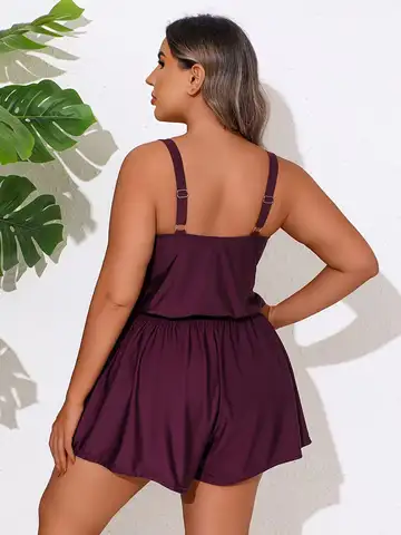Plus Size One Piece Romper Swimsuit Adjustable Straps Pocket Shorts Tummy Control Women Conservative Burgundy Bathing Suit Beach Swimwear