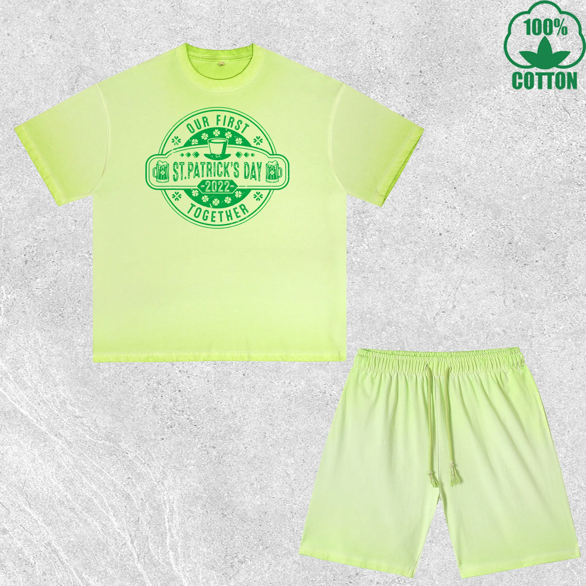 

Happy Saint Patrick Printed Dirty Wash T-Shirt Shorts Set Multicolor Combo Loose Trendy Fashionable 100%Cotton Short Value Pack