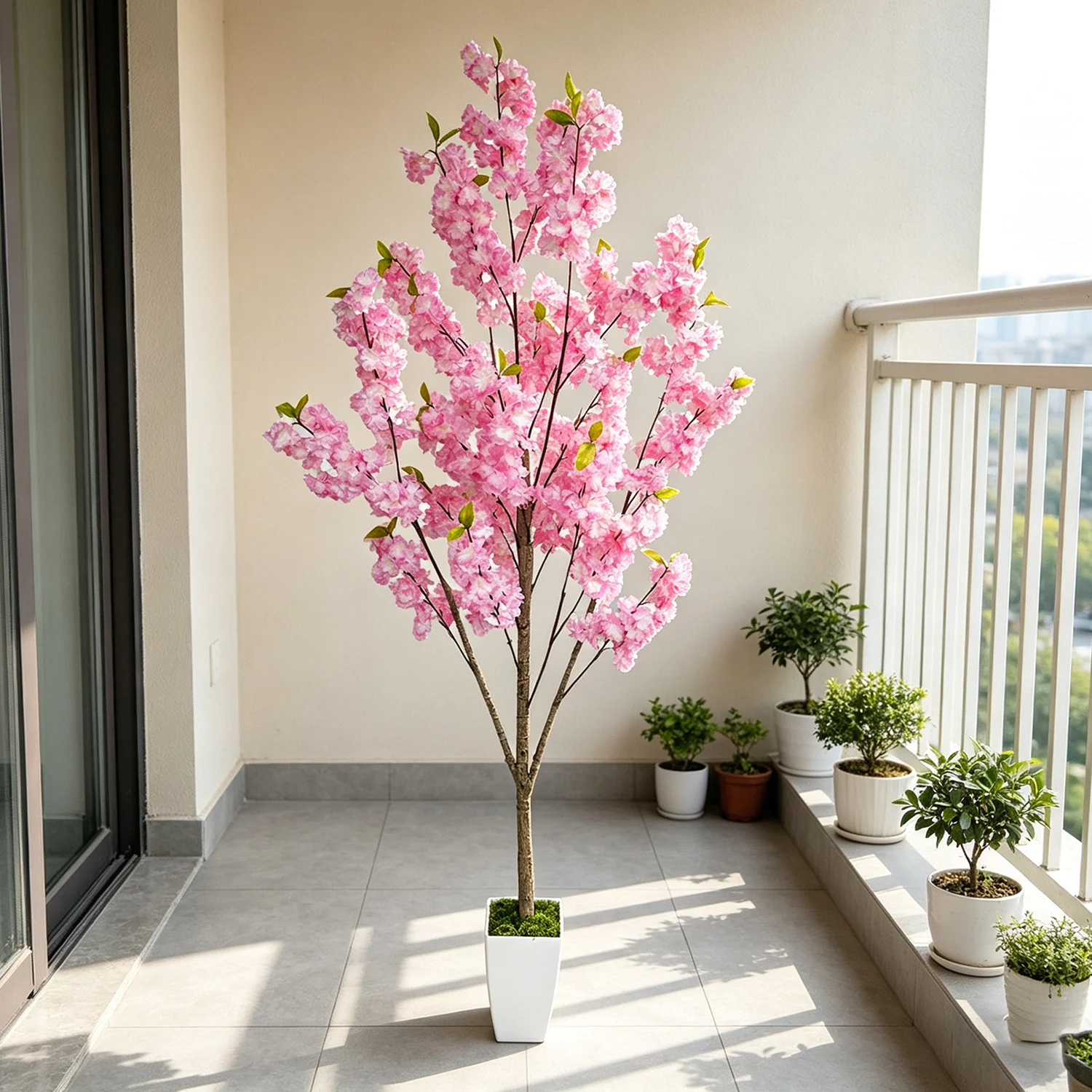 1,59m-2,10m Künstlicher Rosa Kirschblütenbaum im Topf mit Blättern, Künstliche Sakura-Pflanze für Heim, Hochzeit, Innenraum, Wohnzimmer-Dekoration – Detail 3