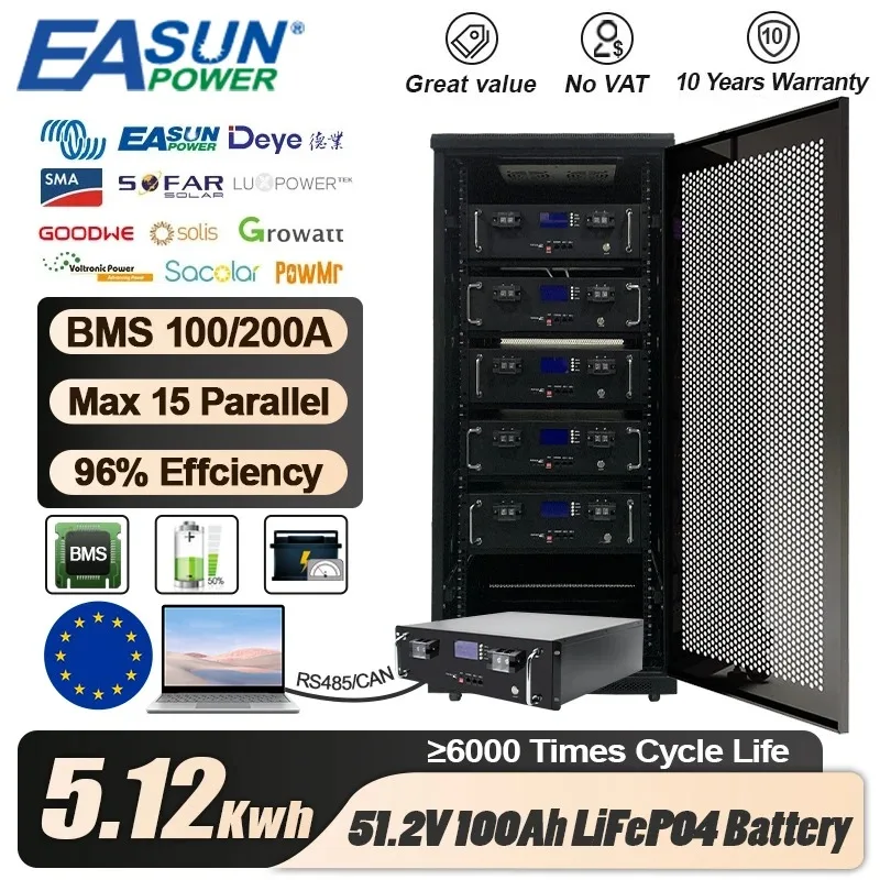 Batteria LiFePO4 48V 100Ah 51.2V 5KWH 6000 + ciclo Max 15 parallelo BMS 100A 16S batteria Inverter Monitor PC con CAN RS485