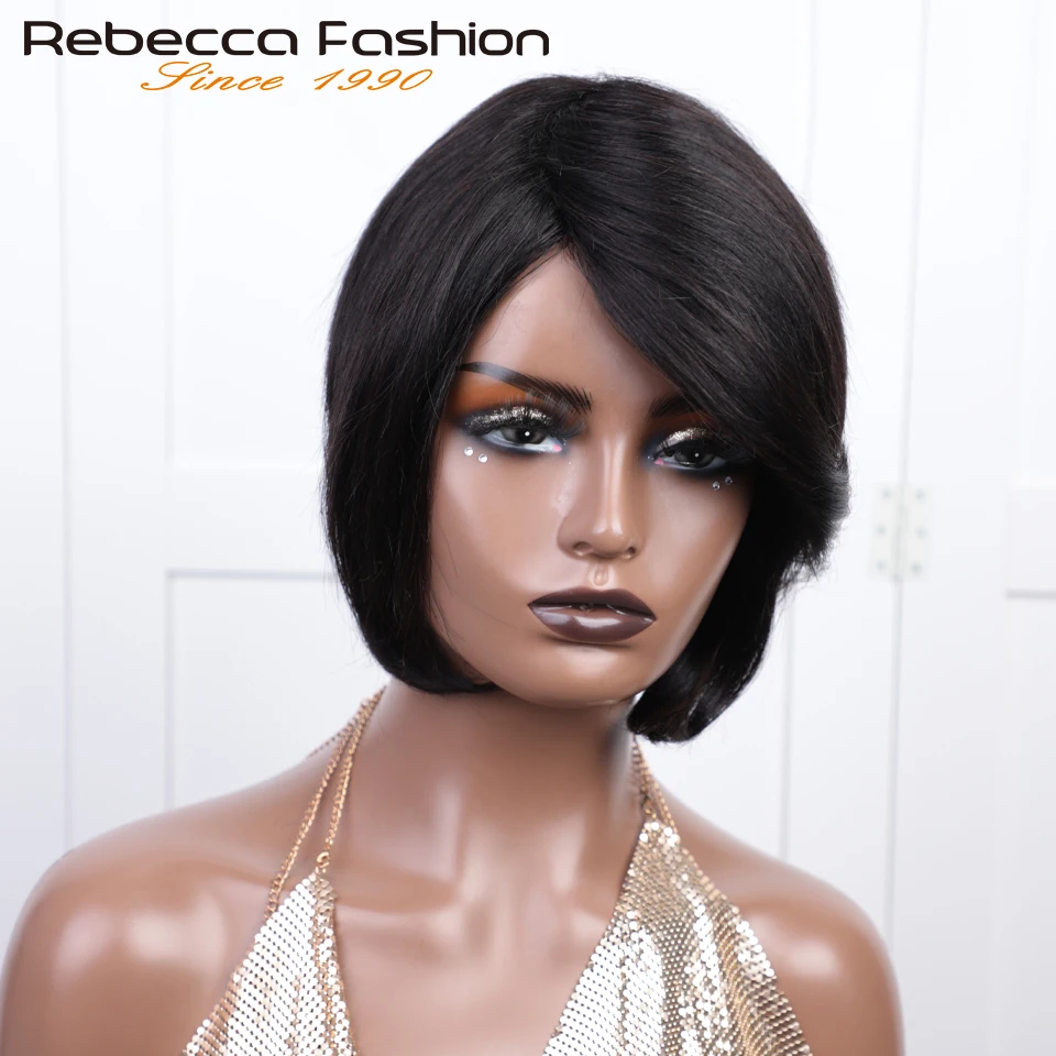 Glueless Pixie Short Cut Straight Human Hair Wigs Short Bob With Long Side Part Bangs No Lace Brazilian Straight Bob Wigs