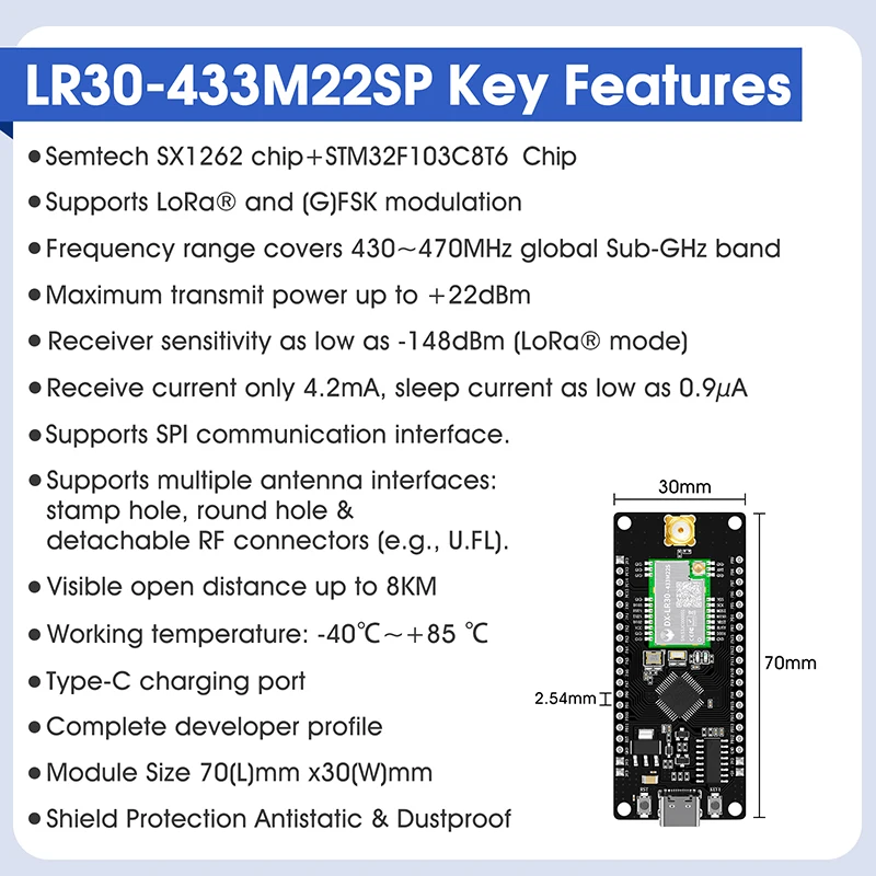 SX1262 LoRa وحدة لاسلكية 868 ميجا هرتز 915 ميجا هرتز 433 475 ميجا هرتز DX-LR30 22dBm 8 كجم طويلة المدى SMD RF وحدة امدادات الطاقة