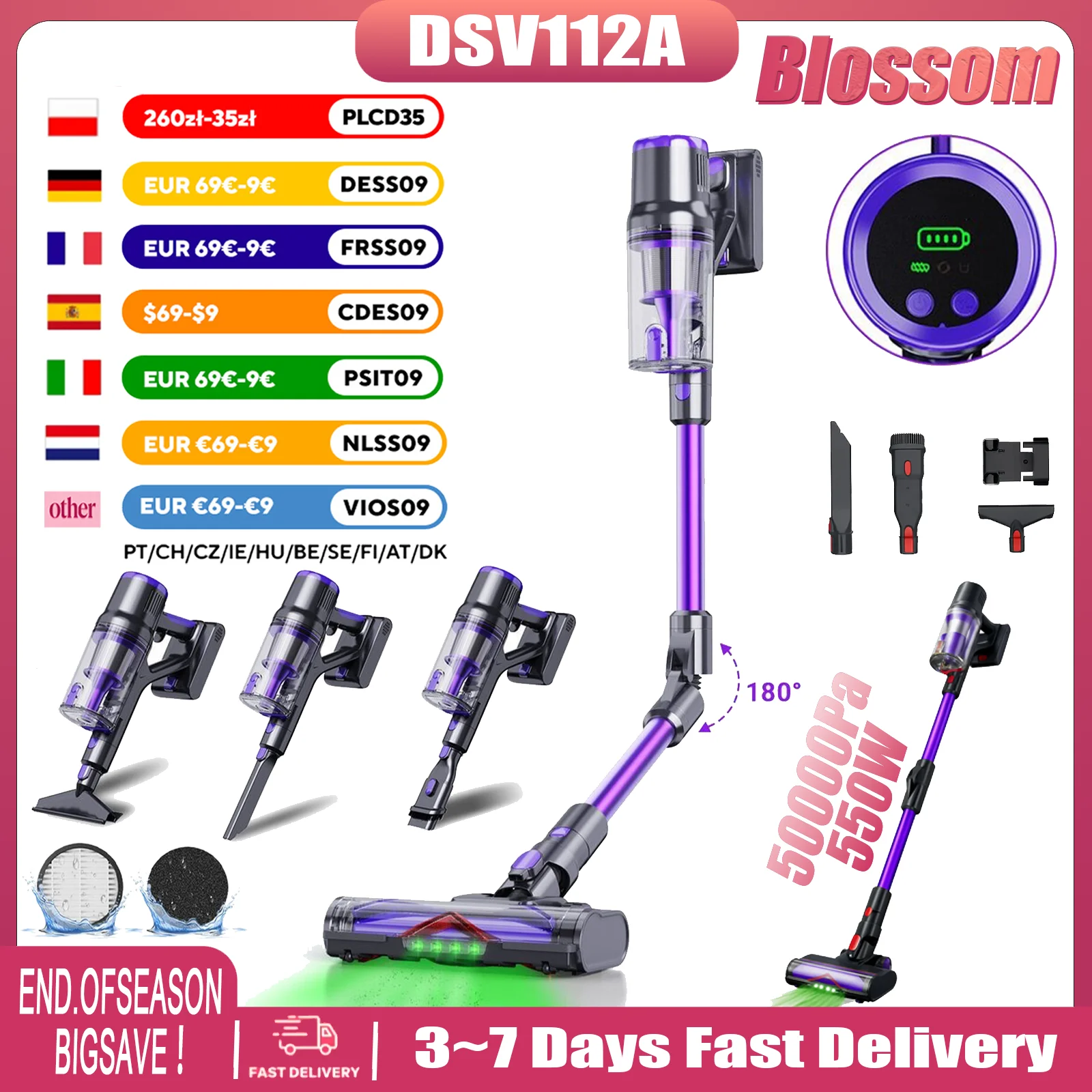 Blossom DSV112A Akku-Staubsauger 550 W 45000 Pa, starke Saugkraft, 55 Minuten Laufzeit, Touchscreen für Tierhaar-Teppich