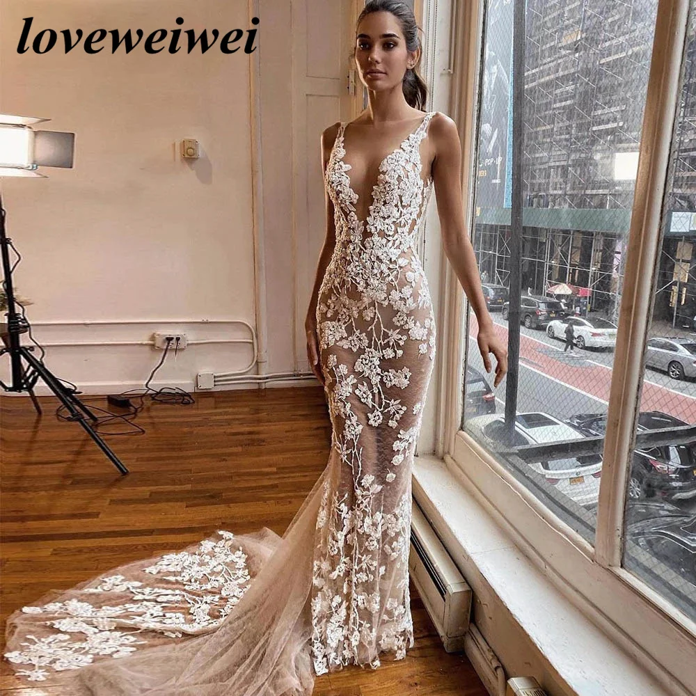 Vestido De novia de sirena De encaje, traje Sexy con escote en V, bohemio, Espalda descubierta, personalizado