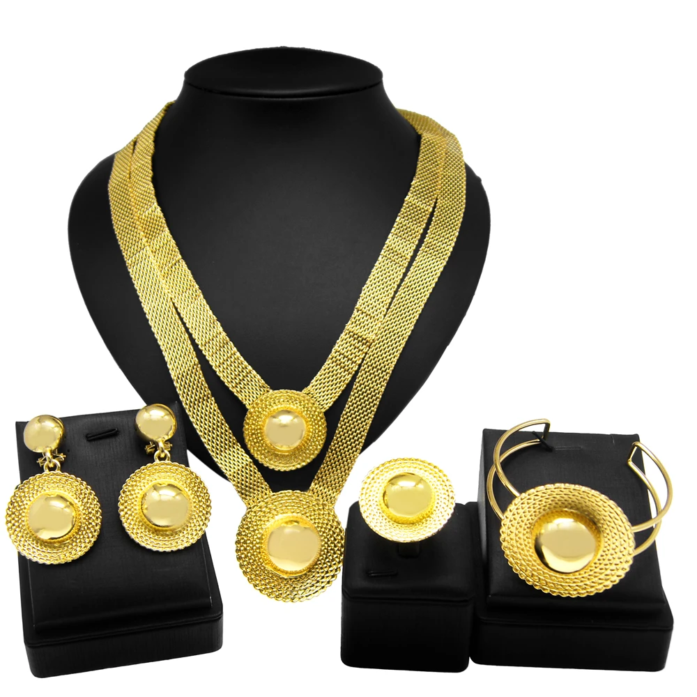 Classic Jewelry Set Women Pendant and Earring Set Dubai Gold Plated Bracelet Ring Wedding Decoration H00244