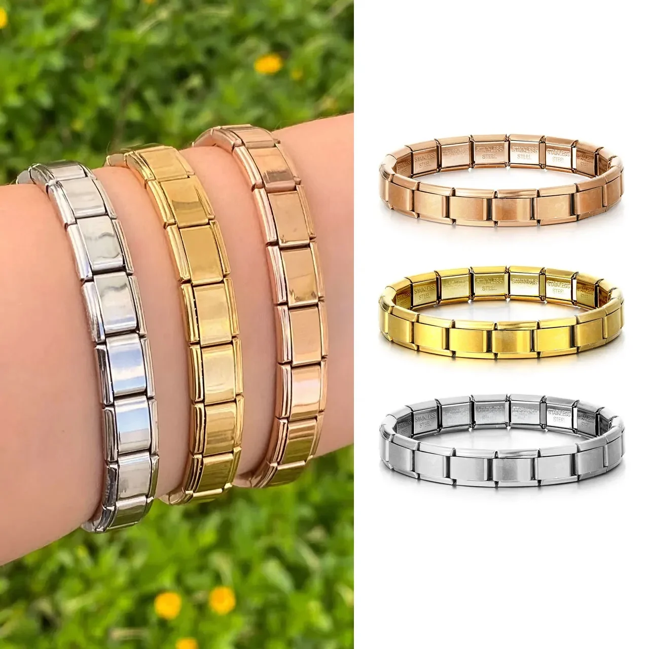 Bracelet en acier inoxydable pour femmes et hommes, chaîne à maillons à breloque italienne élastique Simple, coloré, à la main, bijoux à bricoler soi-même, cadeau