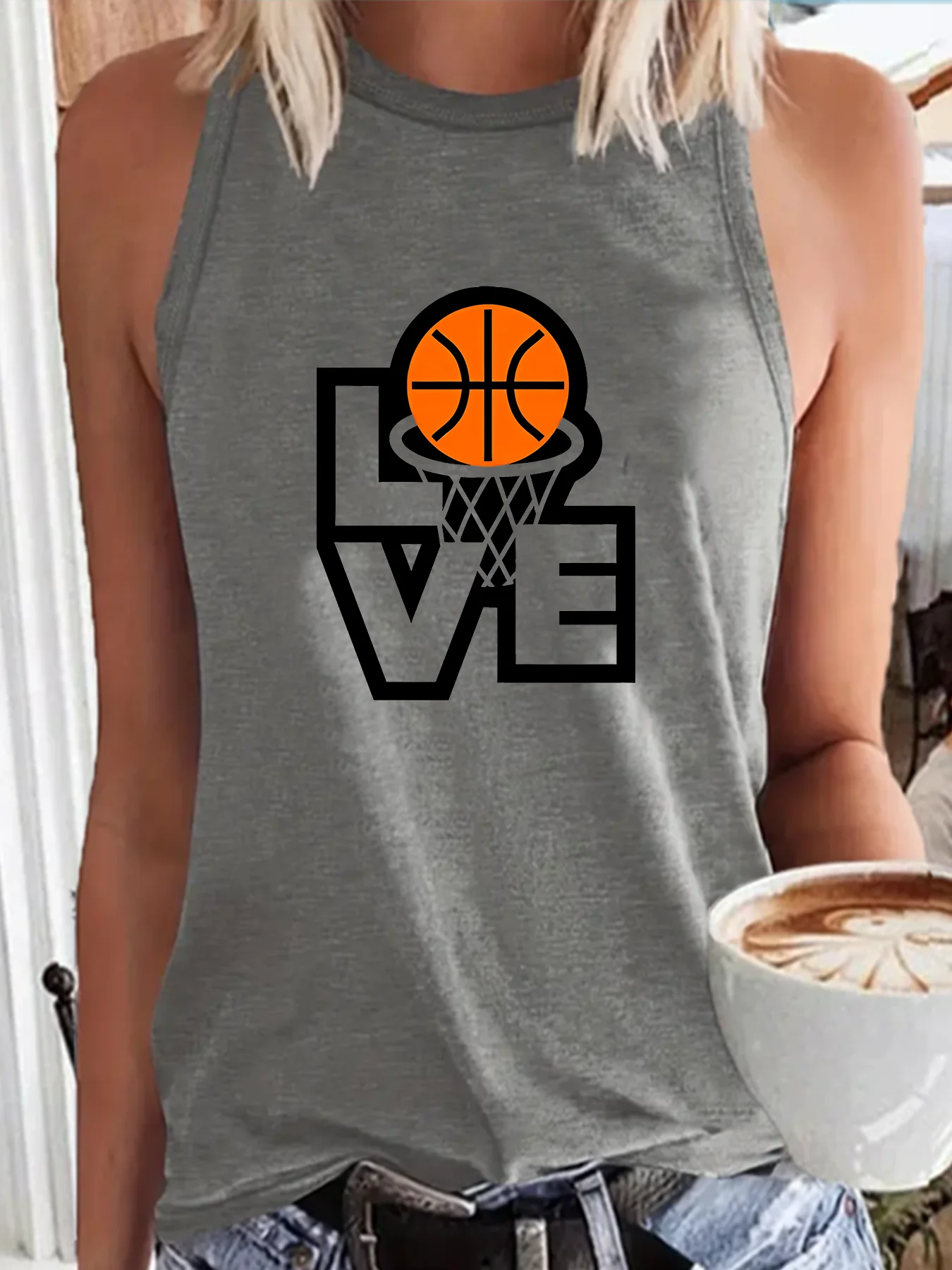 Love Basketball Basketball Fan Letter Print Fashion Funny Sports Women's Tank Top Loose O Neck Sleeveless Casual Tank