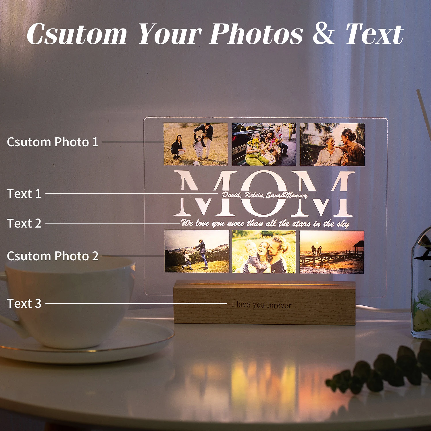 Customized 3D Acrylic Lamp Personalized Photo Text Night Light for MOM DAD LOVE Family Day Wedding Birthday Christmas Gift