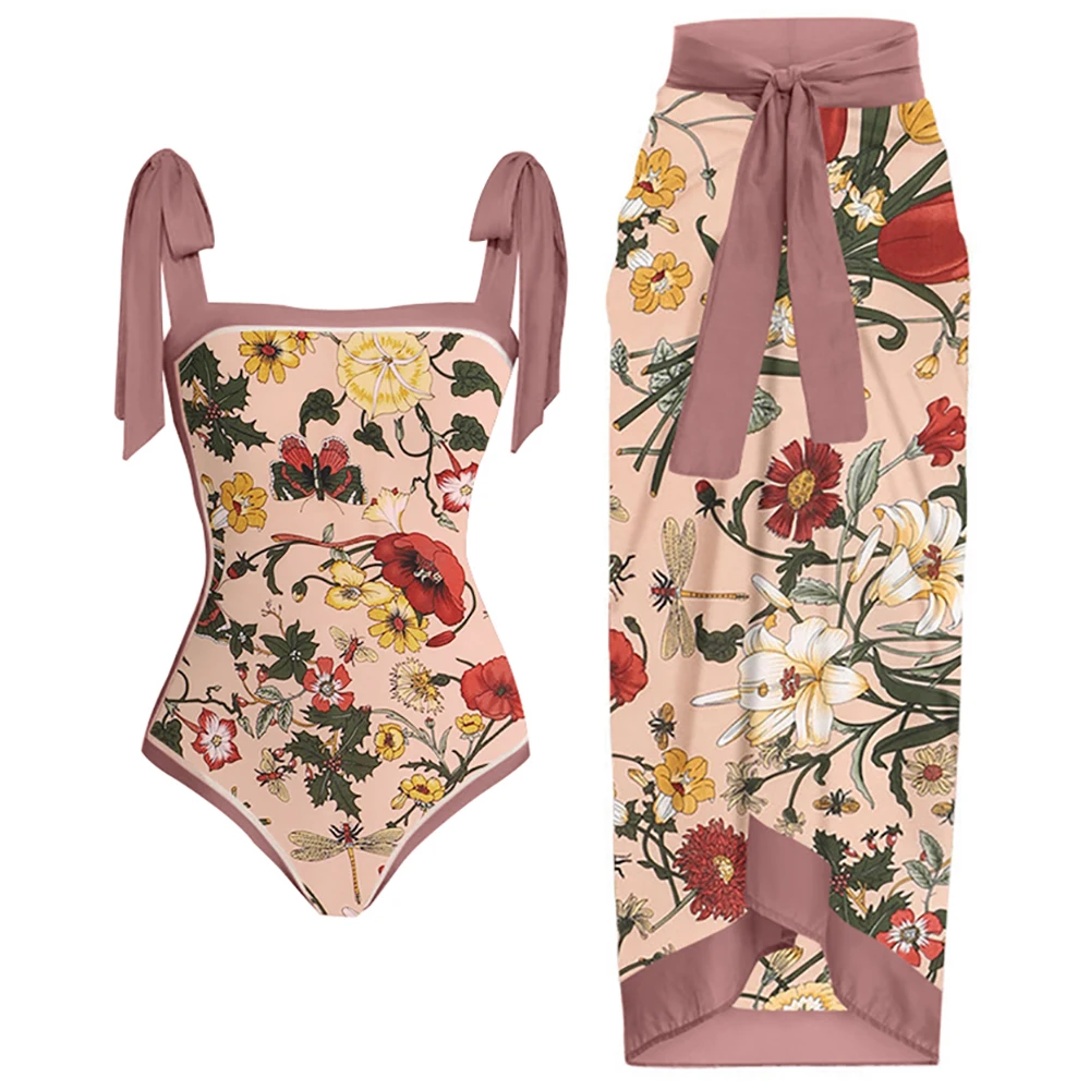 Sexy Printed Bikini Set One-piece Swimsuits with Cover-ups Push Up women Bathing Suit Beach Wear 2022 Summer Swimminng Swimwear