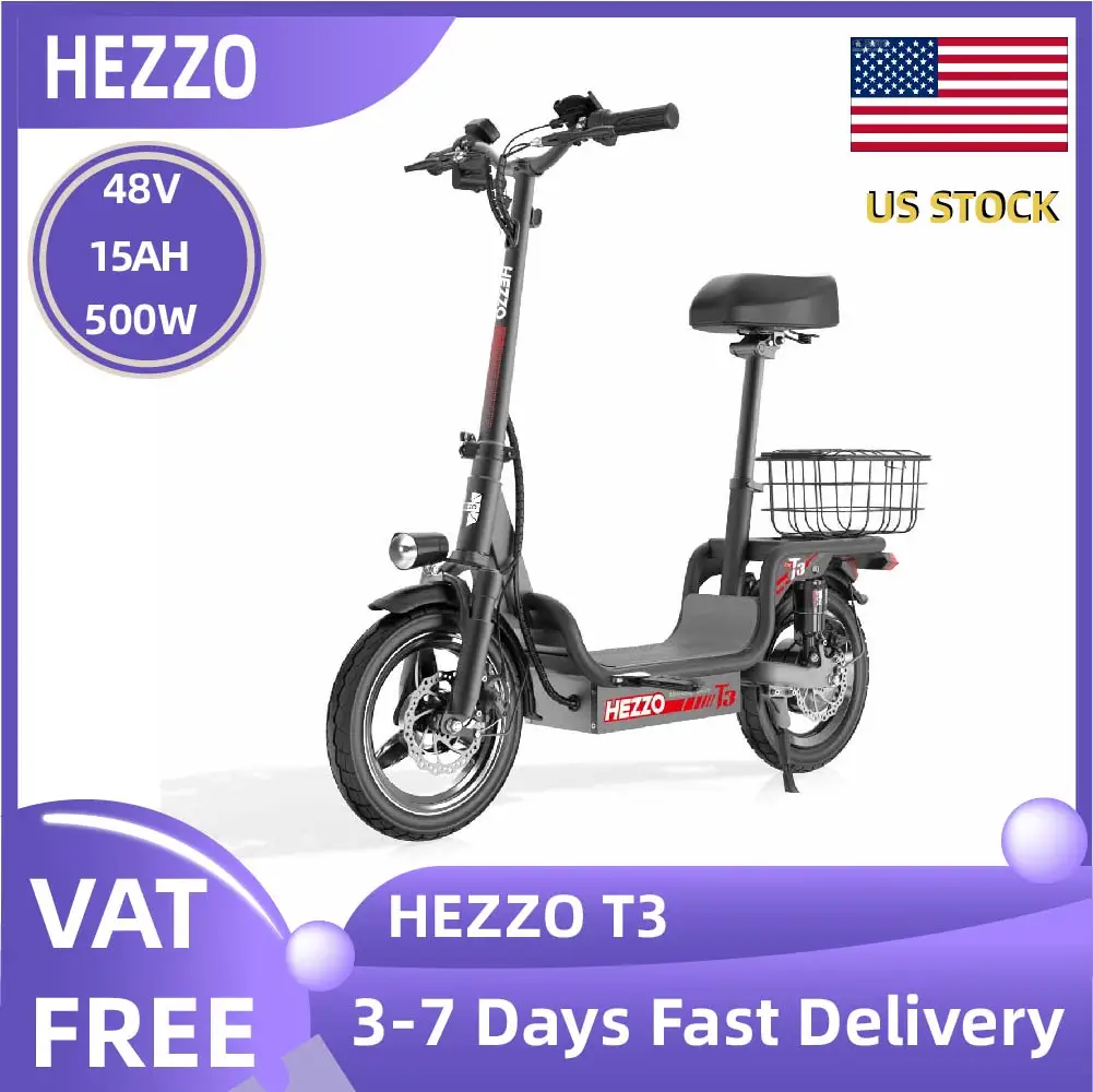 

HEZZO T3 Adult 500W Motor Electric Scooter with Seat 48V15AH Folding Escooter 14 Inch Tire City Highway E-scooter