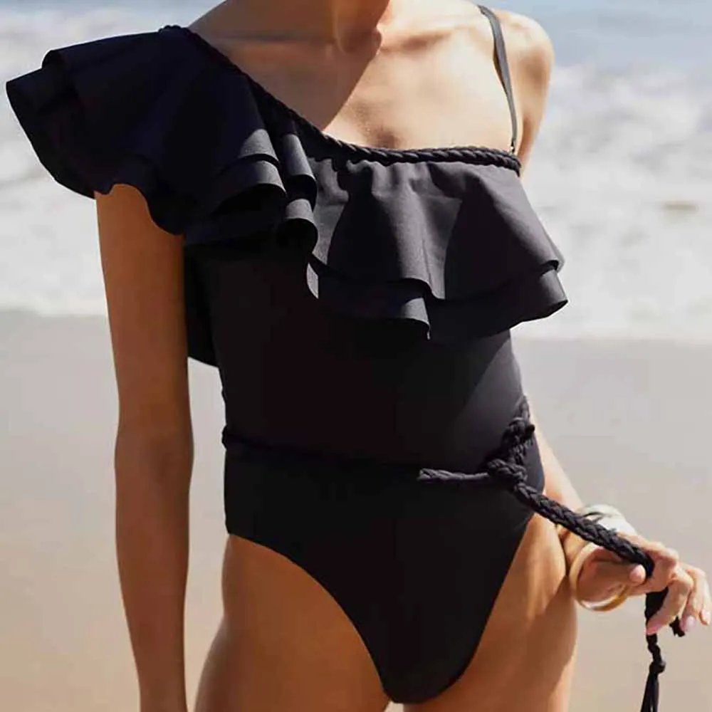 

Solid One-Shoulder Orange Ruffle Panel Swimsuit Women's Fitness Suit Yellow Swimwear Single Piece Micro Monokini Black