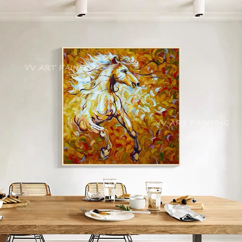100% Handmade knife thick horse running abstract square picture Oil Painting Modern Nordic Living Room Sofa Background Wall Art