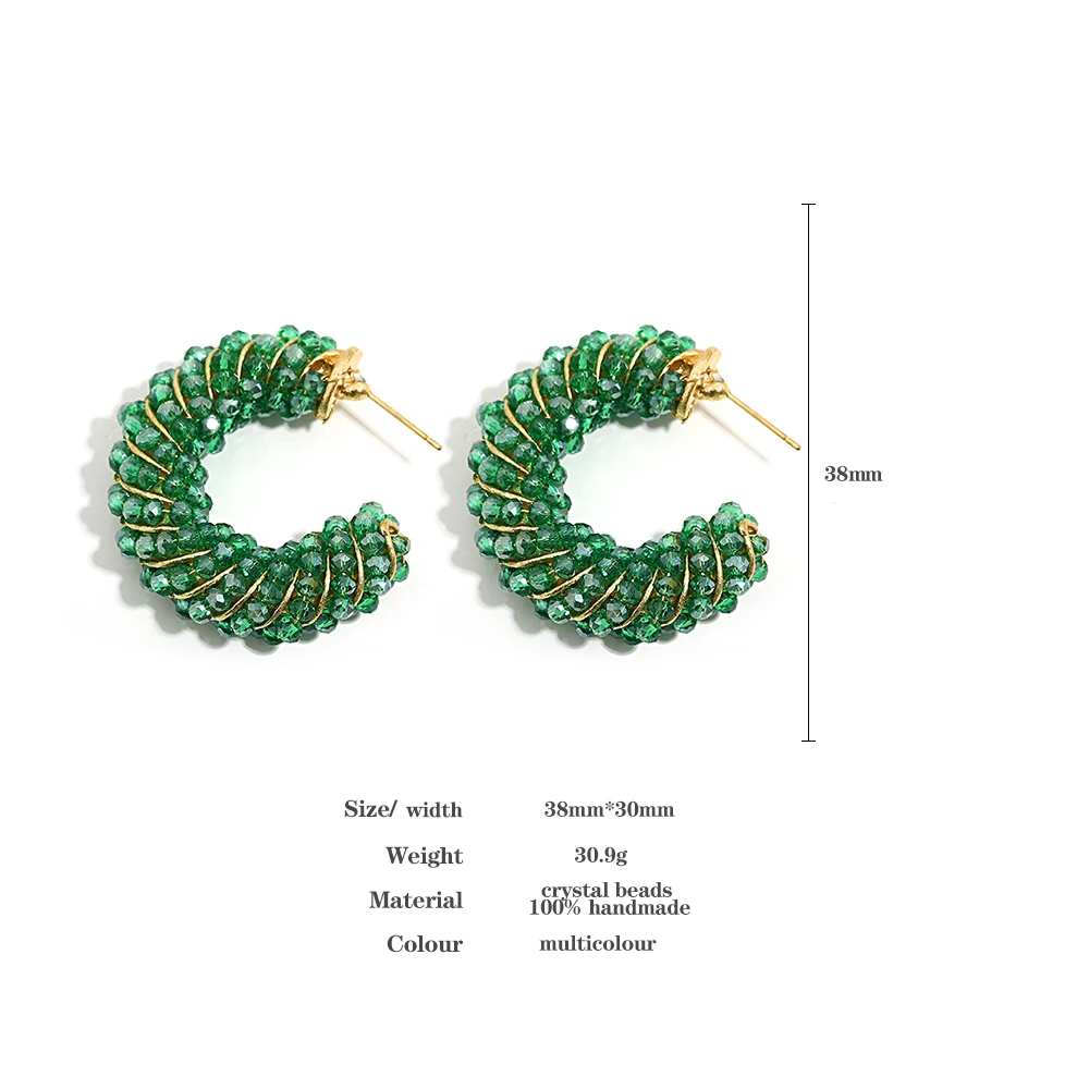 Bohemia Colorful Seed Bead Hoop Earrings Candy Color Crystal Beaded Twist Dangle Earrings Women\'s Rainbow Swirl C-Shape Earring