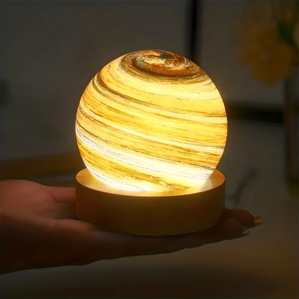 LED home decoration 3D Saturn crystal ball, USB powered night light with wooden stand, Aesthetic gift for children and friends