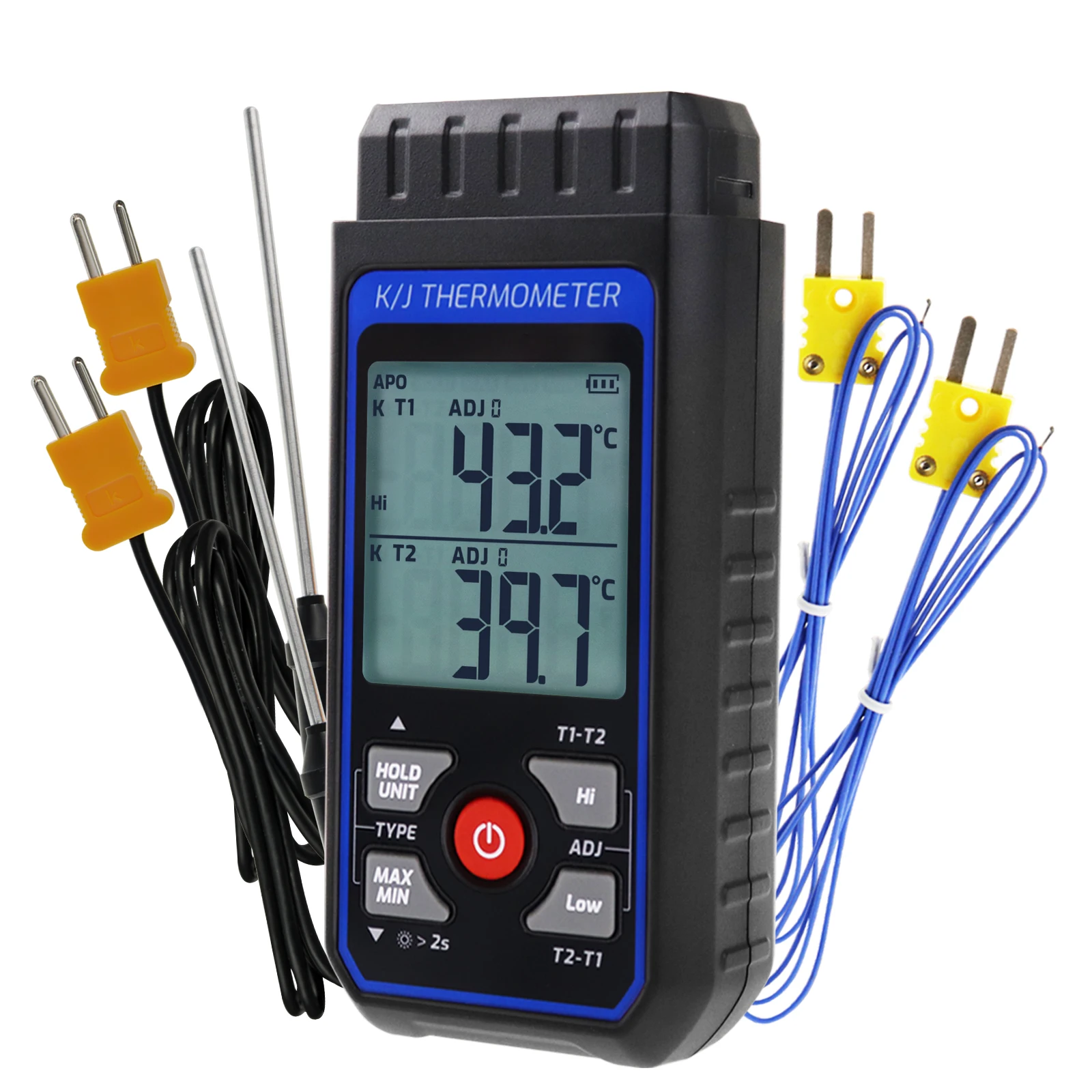 

Digital K/J Thermocouple Thermometer 4 K-type Probes (Wired & Stainless Steel) Dual Channel, Color Backlight Alarm