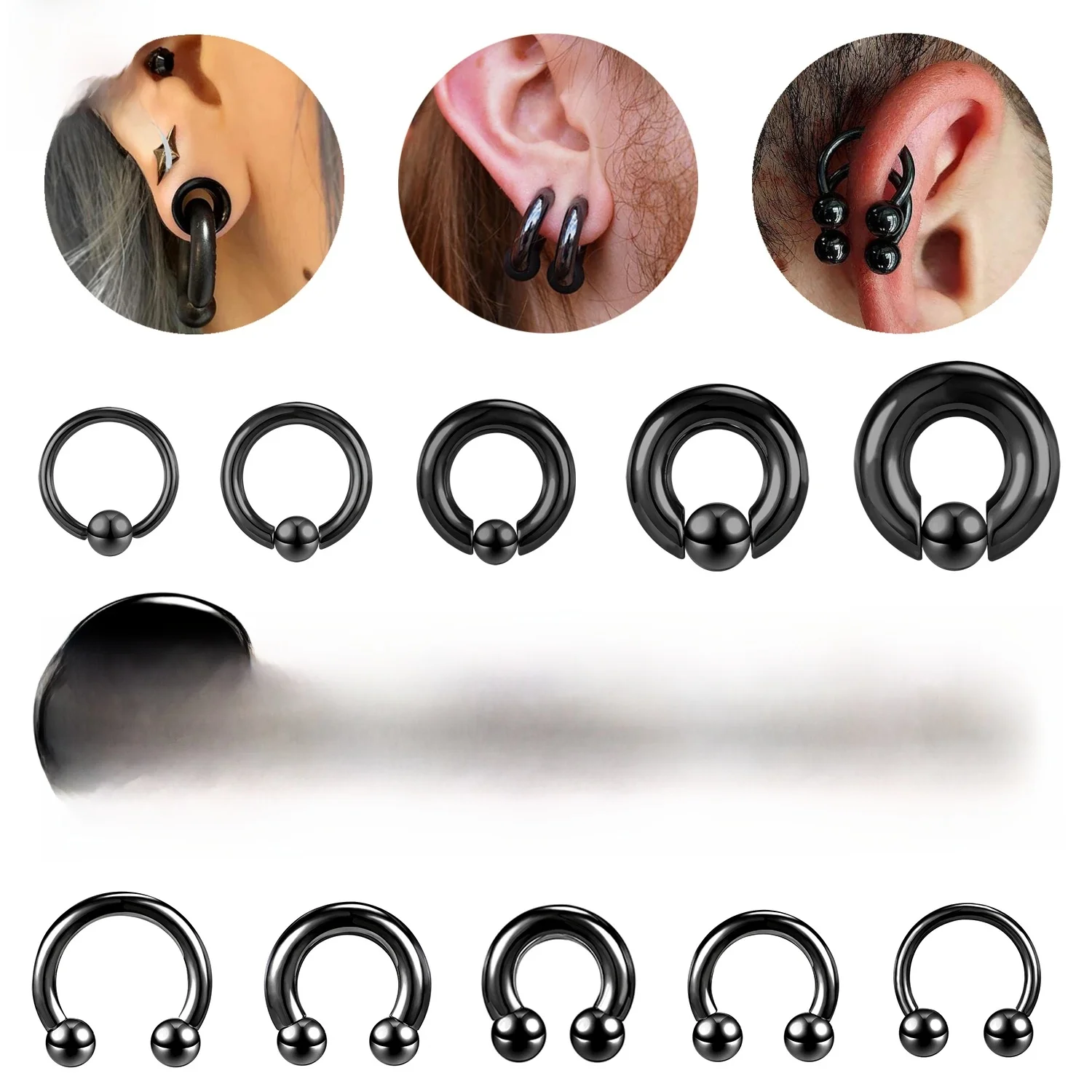 ZS 1 sztuka czarny kolor 2/4/6/8/10/12G pierścień przegrody podkowa ze stali nierdzewnej piercing nosa Punk duży miernik nosa ucha Expander — zdjęcie 2