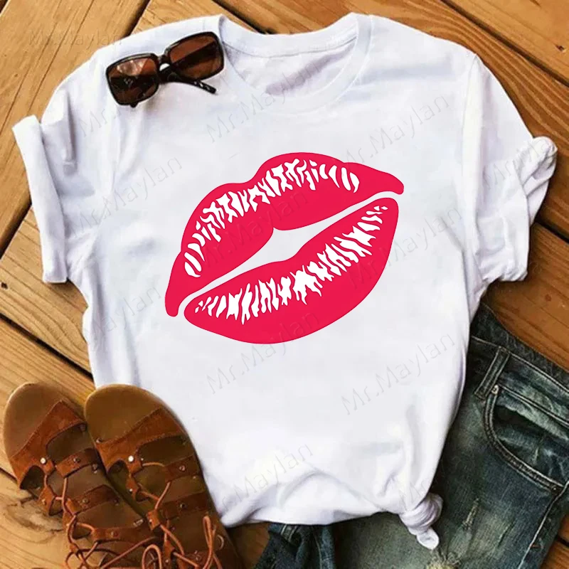 Summer New Sexy Lips Short Sleeve Print Clothing Women's T-Shirt Harajuku Graphic Clothing Women's Top, Tshirts Retro Drop Ship