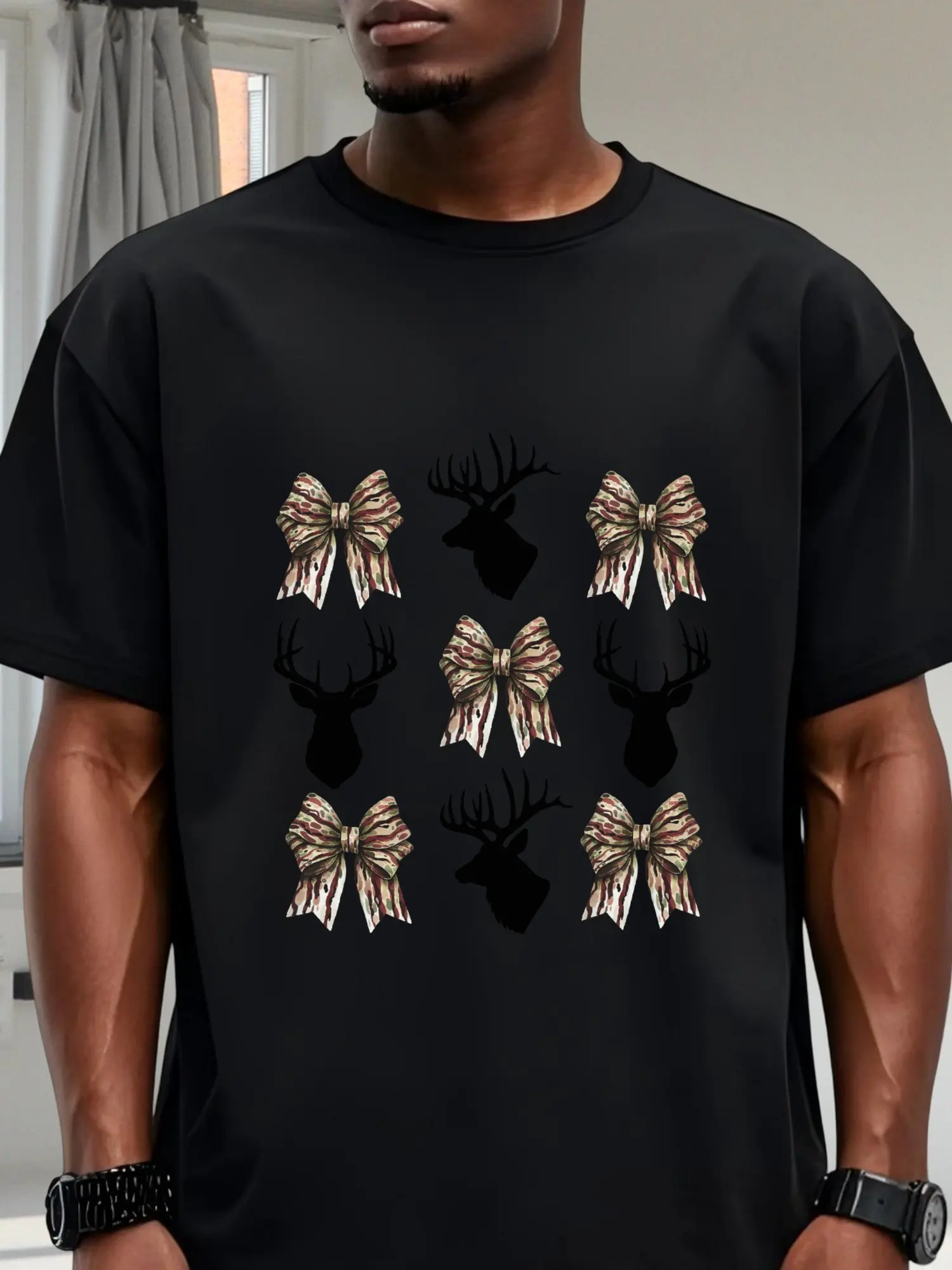 Hunting Daddy Camo Deer So God Made A Dad Black Cotton Tee Fishing Enthusiast Father Daily Outfit Shirt