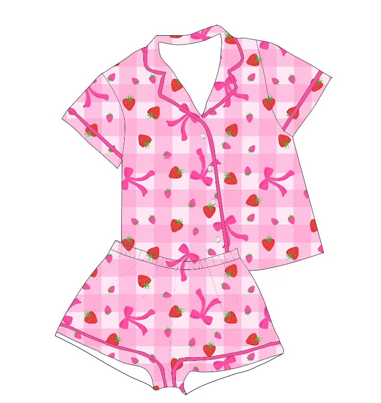 Boutique girl's pajamas set Collared button-down short-sleeved shirt and shorts buttons strawberry Bow Print custom