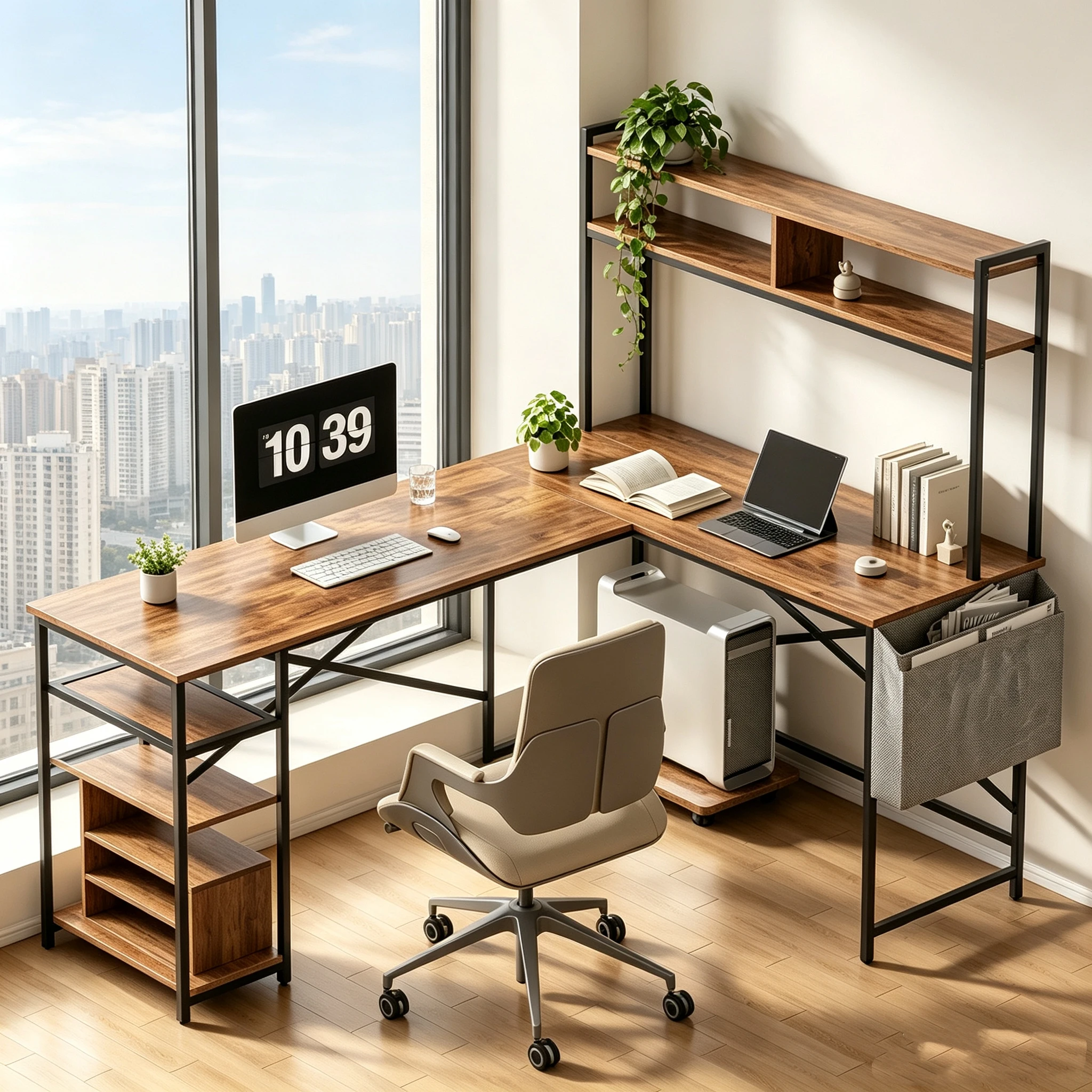 Eckschreibtisch L-Form Computertisch mit Monitorablage, Stoffschubladen und Ablagefächern, Industrieller Schreibtisch für Homeoffice Büro, Holzoptik Schreibtisch mit Metallgestell
