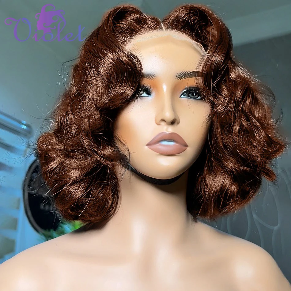 

Шоколадно-коричневый парик объемной волны Боб Человеческие волосы 250% Плотность 13x4 Парики фронтальной части шнурка Предварительно выщипанные свободные волны Боб Парики фронта шнурка