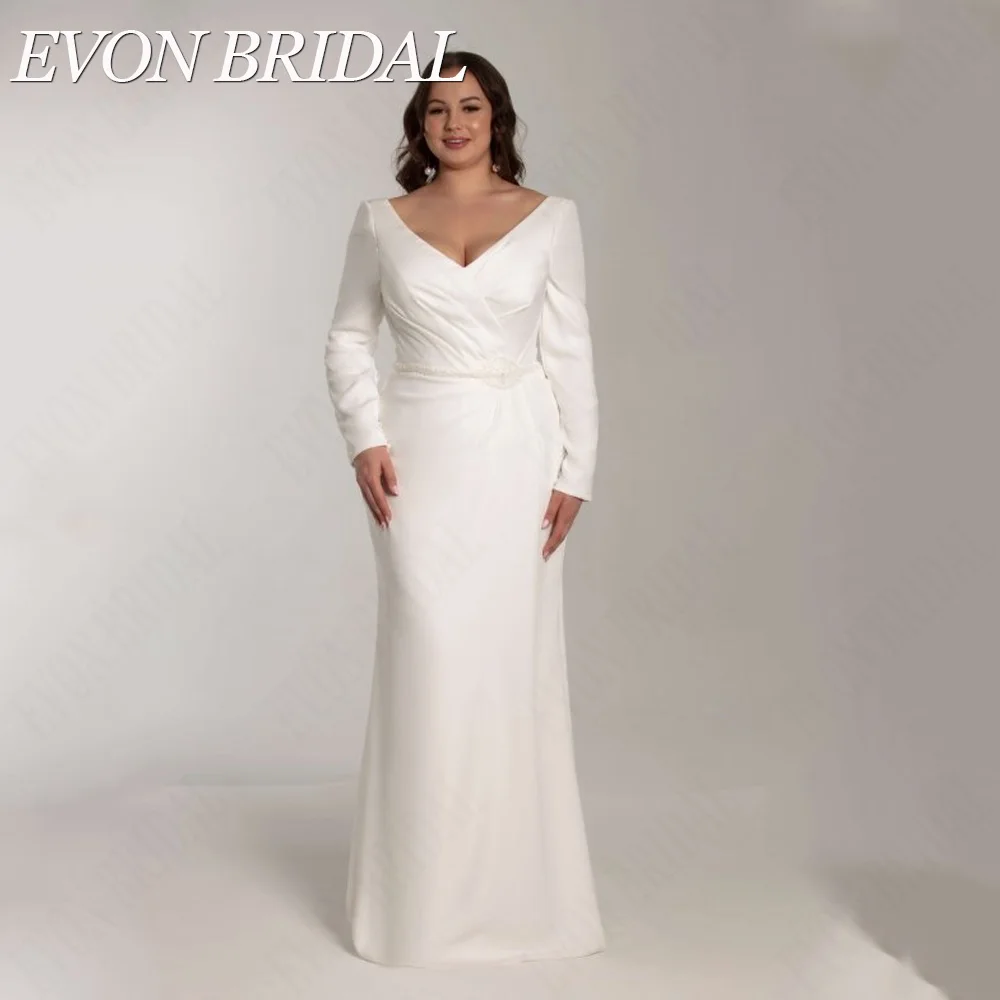 EVON BRIDAL Moderne Zeemeermin Bruidsjurken Lange Mouwen Dubbele V-hals Bruidsjurken SatiEVON BRIDAL Moderne Zeemeermin Trouwjurken Lange Mouwen Dubbele V-hals Bruidsjurken Satijn Plus size Civiele vestidos novias boda