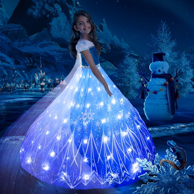 女の子のためのLEDライト付きプリンセスドレス,パーティー服,雪の女王 