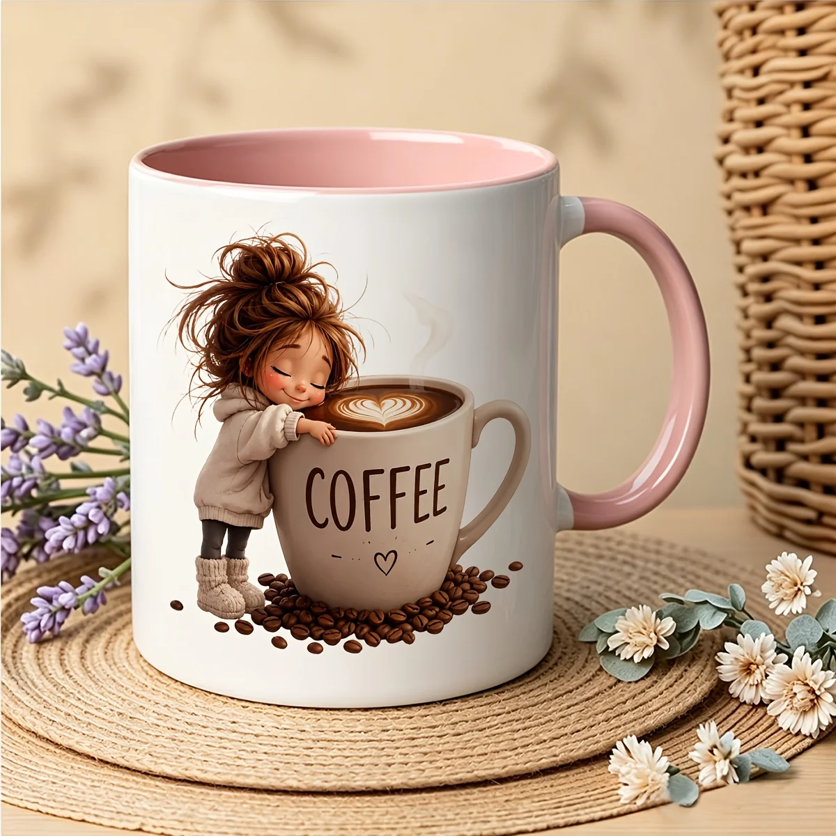 Cute 11-Ounce Ceramic Mug Featuring a Cartoon Girl Hugging a Coffee Cup and a Heart-Shaped Latte Art Design — the Perfect Gift for Birthdays, Christmas, and Mother's Day, Suitable for Coffee/Tea/Milk Enthusiasts, a Great Gift Choice for Coffee Lovers