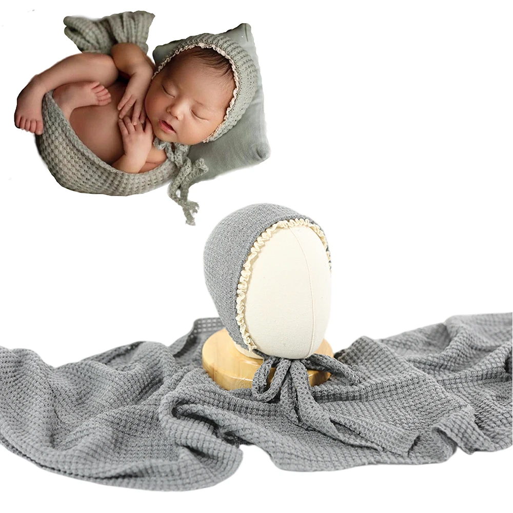 

Baby Photo Props Soft Stretch Staple Knit Posing Fabric Long Wraps Bonnet Set for Newborn Studio Photographer Foto Basket Layer