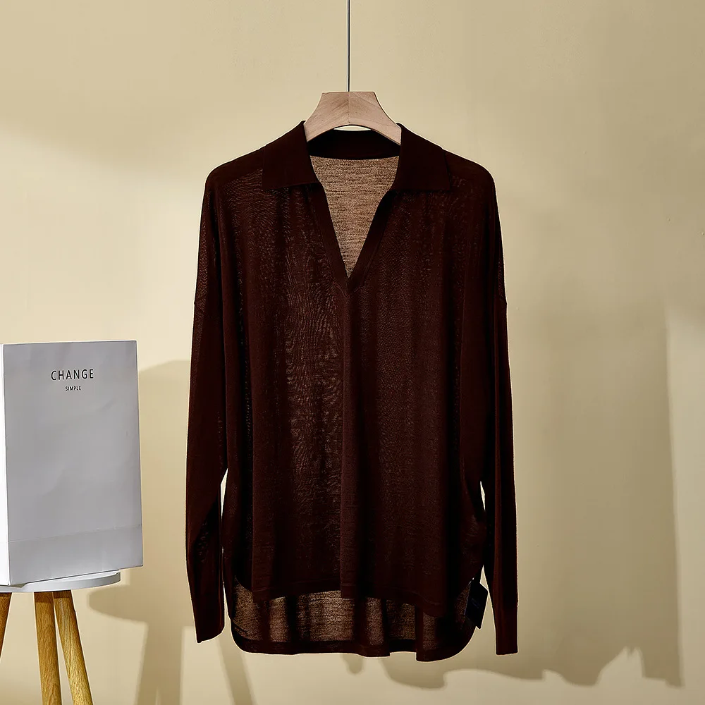 Damen Frühling/Sommer Neue Wolle Top Vorne Kurz Hinten Lange Gestrickte Langarm Pullover