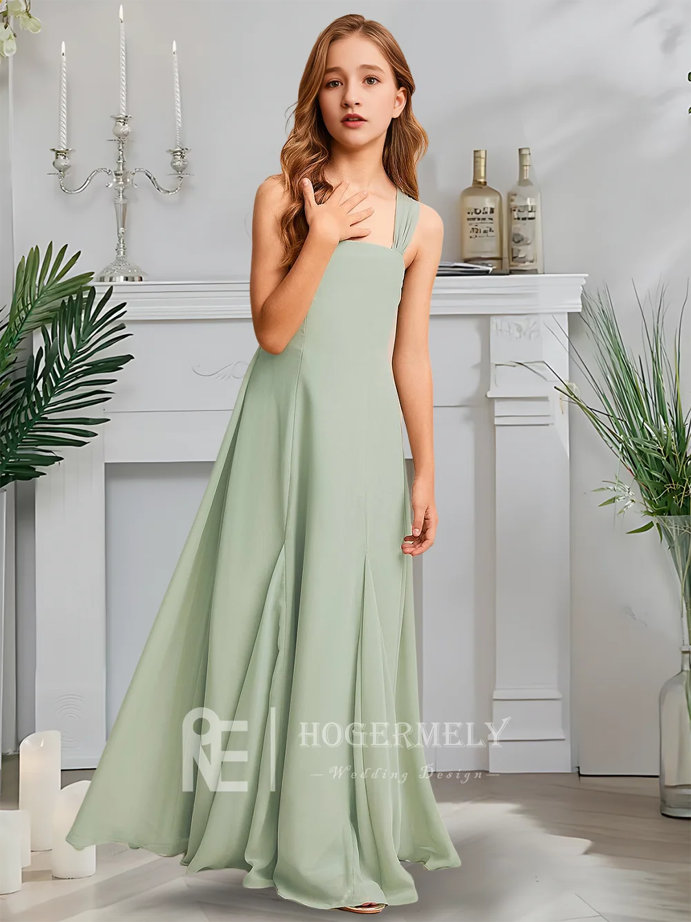 فستان وصيفة العروس الفاخر على شكل حرف a فستان فتاة الزهور ضبابي سيلادون برقبة مربعة شيفون بطول الأرض حديقة حفل زفاف