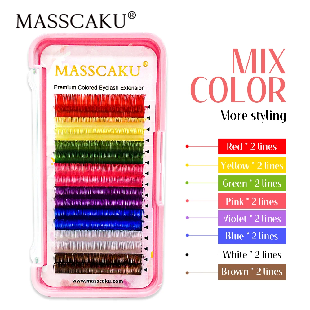 

NEW Masscaku Rainbow Color Blue Red Yellow Lashes Soft Silk Korean Pbt Fiber Eyelashes Extension Colored False Eyelash Trays