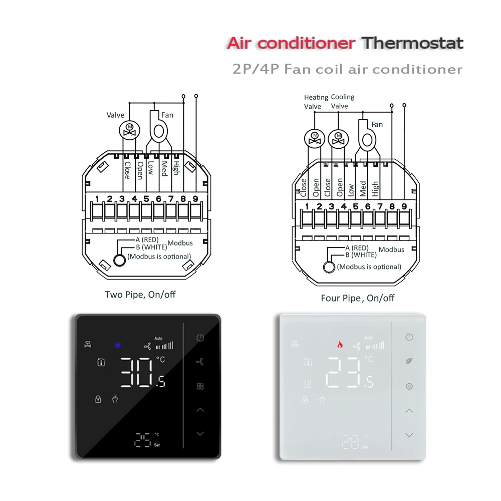 95-240VAC Indoor Refrigeration Air Conditioning Thermostat 2Pipe4pipe Fan Coil Thermostat for heating and cooling 24VAC optional